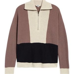 Madewell Glenbrook half zip taupe navy cream colorblock wool knit sweater XXS